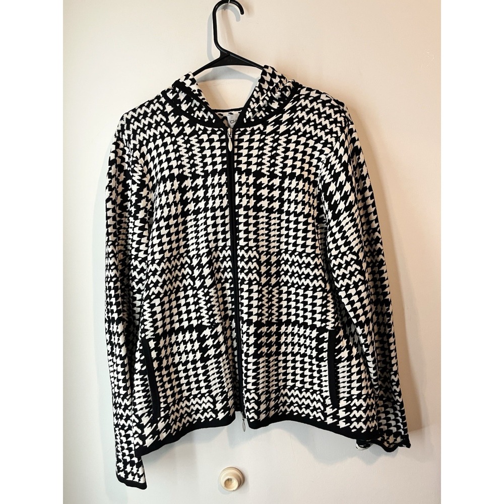 Chico's Black & White Houndstooth Hooded Cardigan Silk Blend Medium Full Zip‎